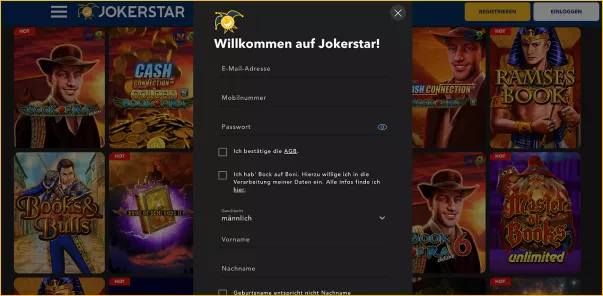 Registrieren Sie sich jetzt und erhalten Sie 100% Bonus Jokerstar